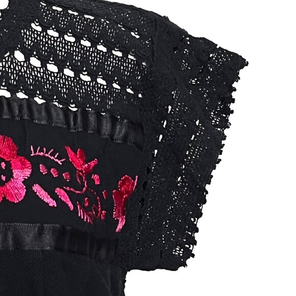 Ethnic Floral Embroidered Dress Small Black Pink Floral Crochet Boho Hippie - Picture 3 of 8